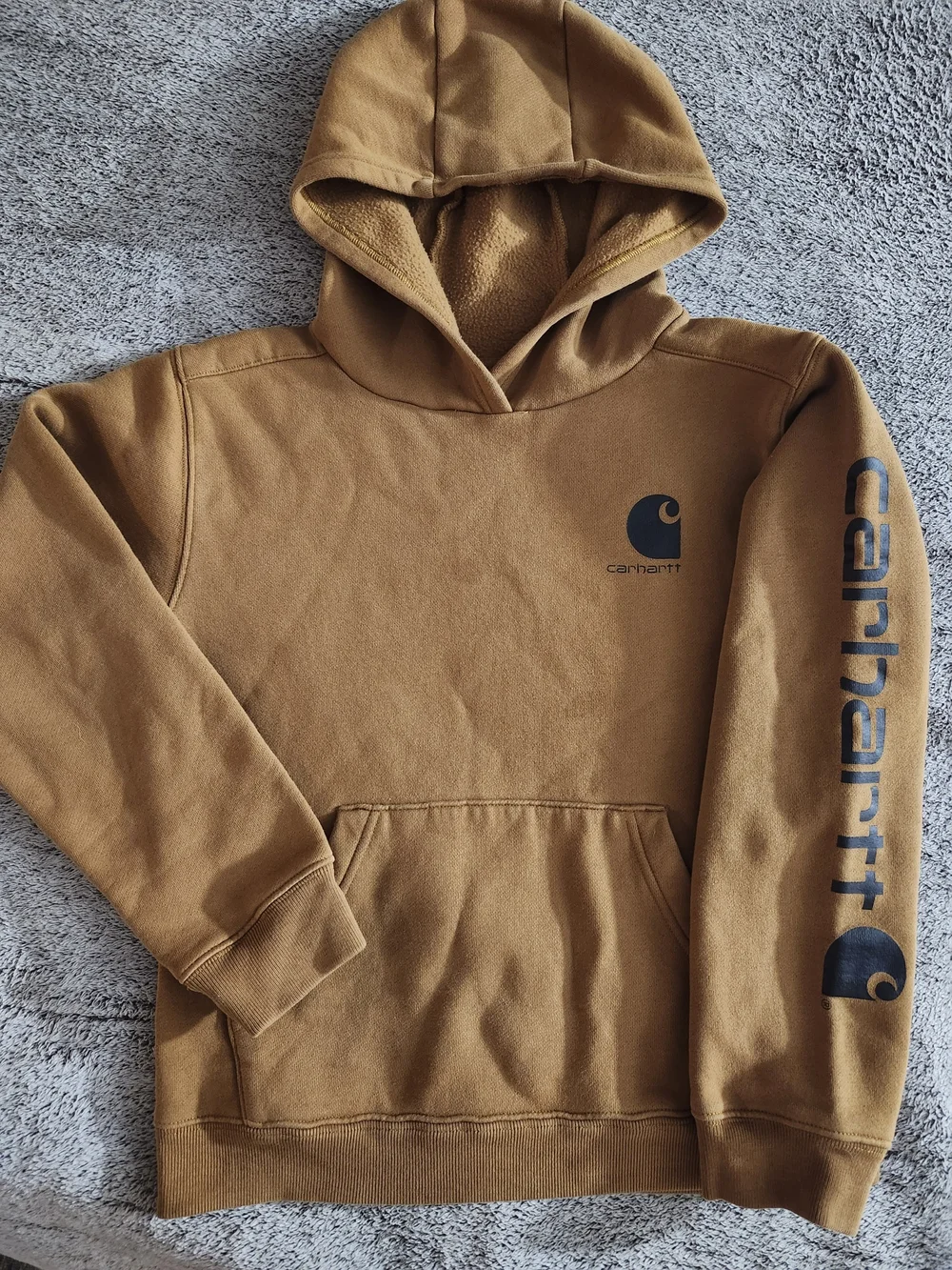Carhartt Boys Brown Hoodie Logo Sleeve Fleece Pullover Youth Small 8-10